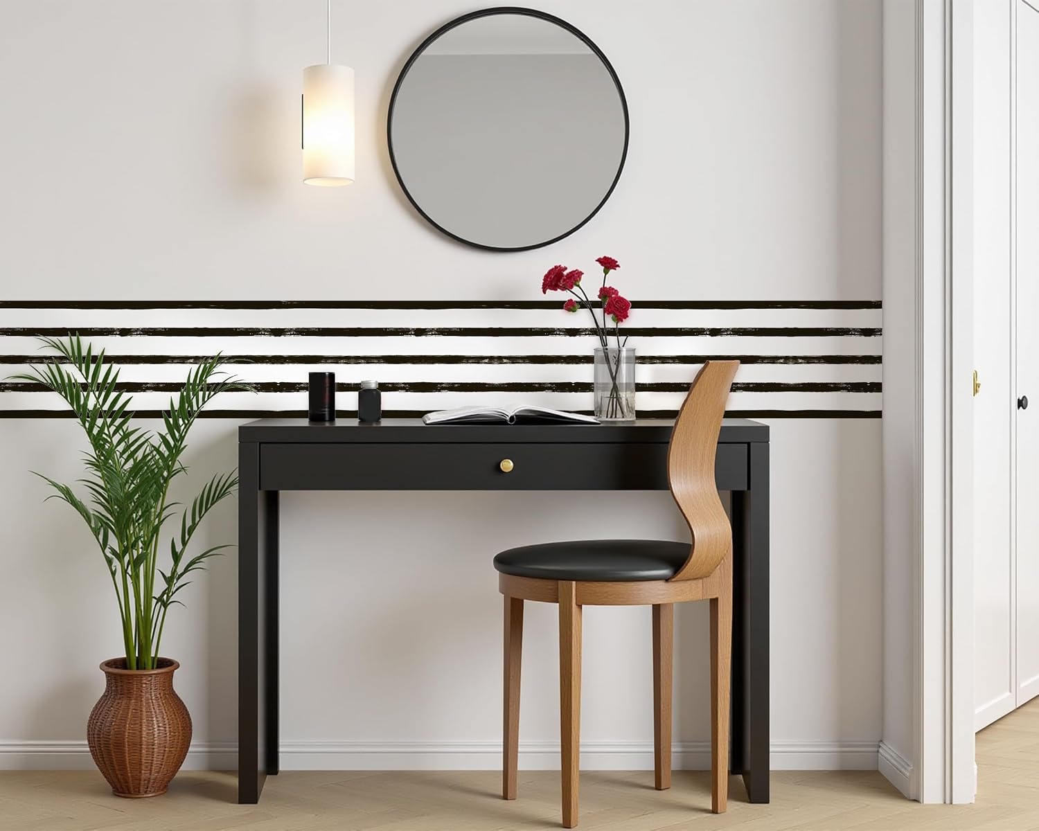 Wallpaper Border / White Striped Wall Borders Decal Peel and Stick Trim / 9 x 240 / WB-5626 / Black