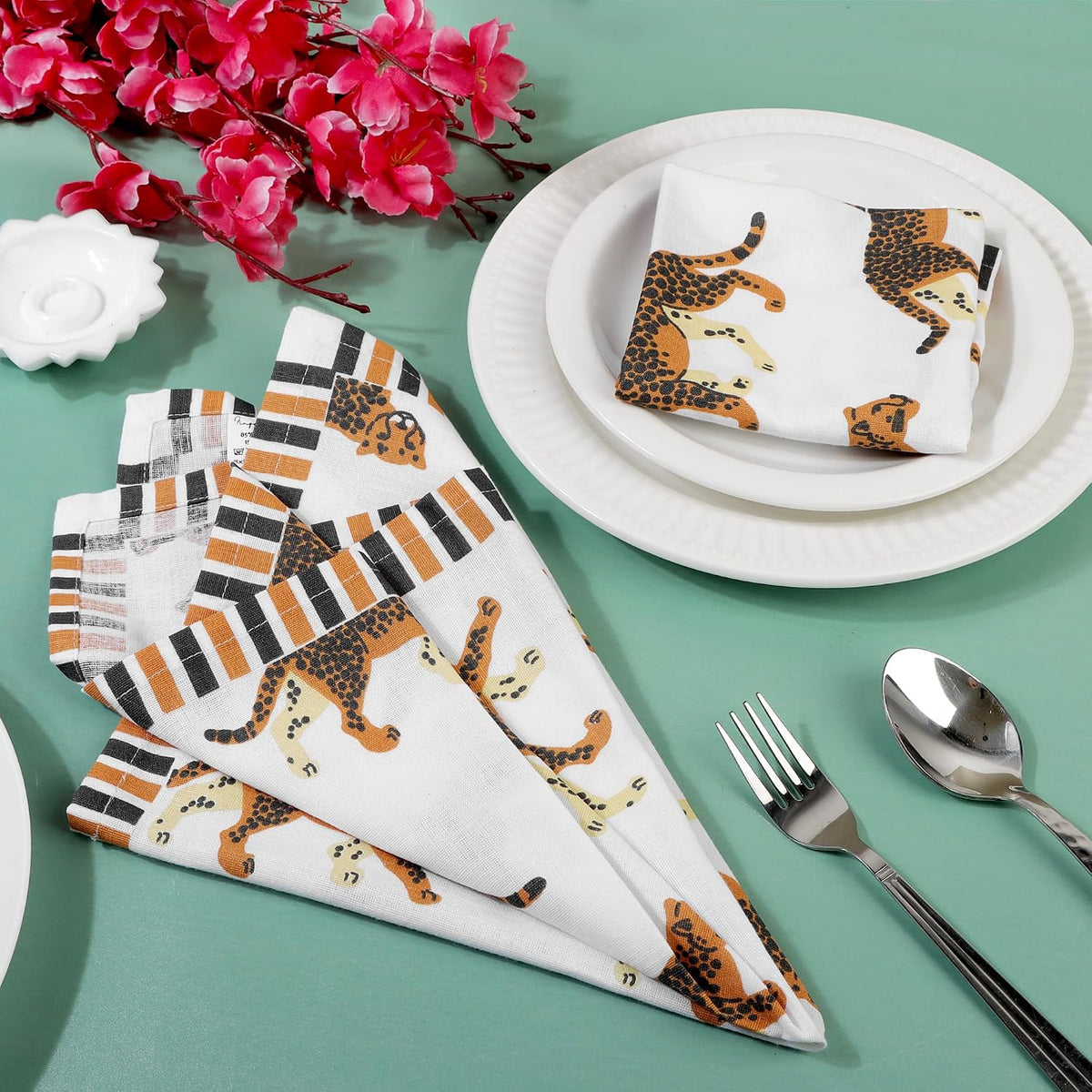 FINGERCRAFT Cloth Napkins Set of 12 Cotton Linen, 20x20 Inc, Leopard Print | Mitered corner, washable, soft, absorbent