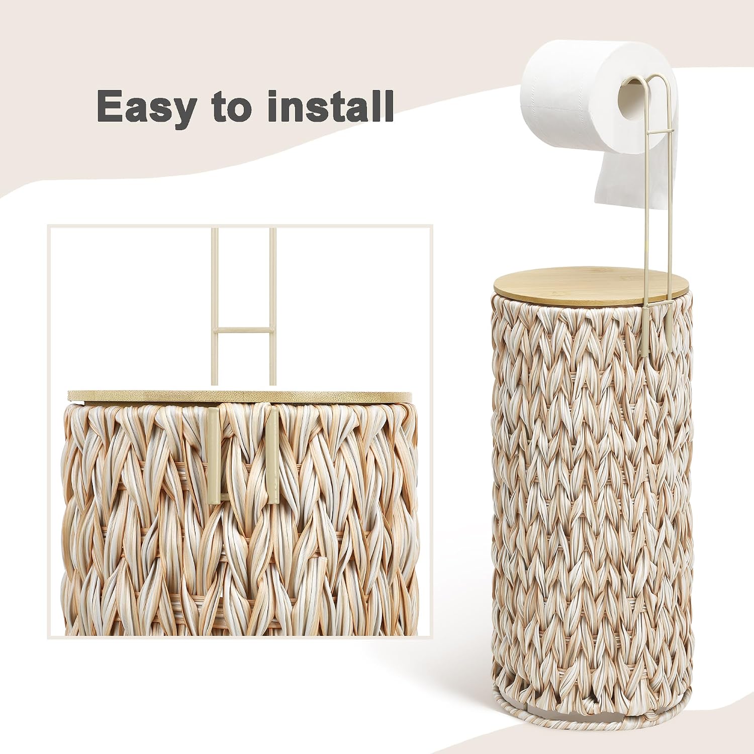 Toilet Paper Holder Stand with Lid Free Standing Storage for Bathroom Beige | Wciker, Water Hyacinth, 3 Rolls of Toilet