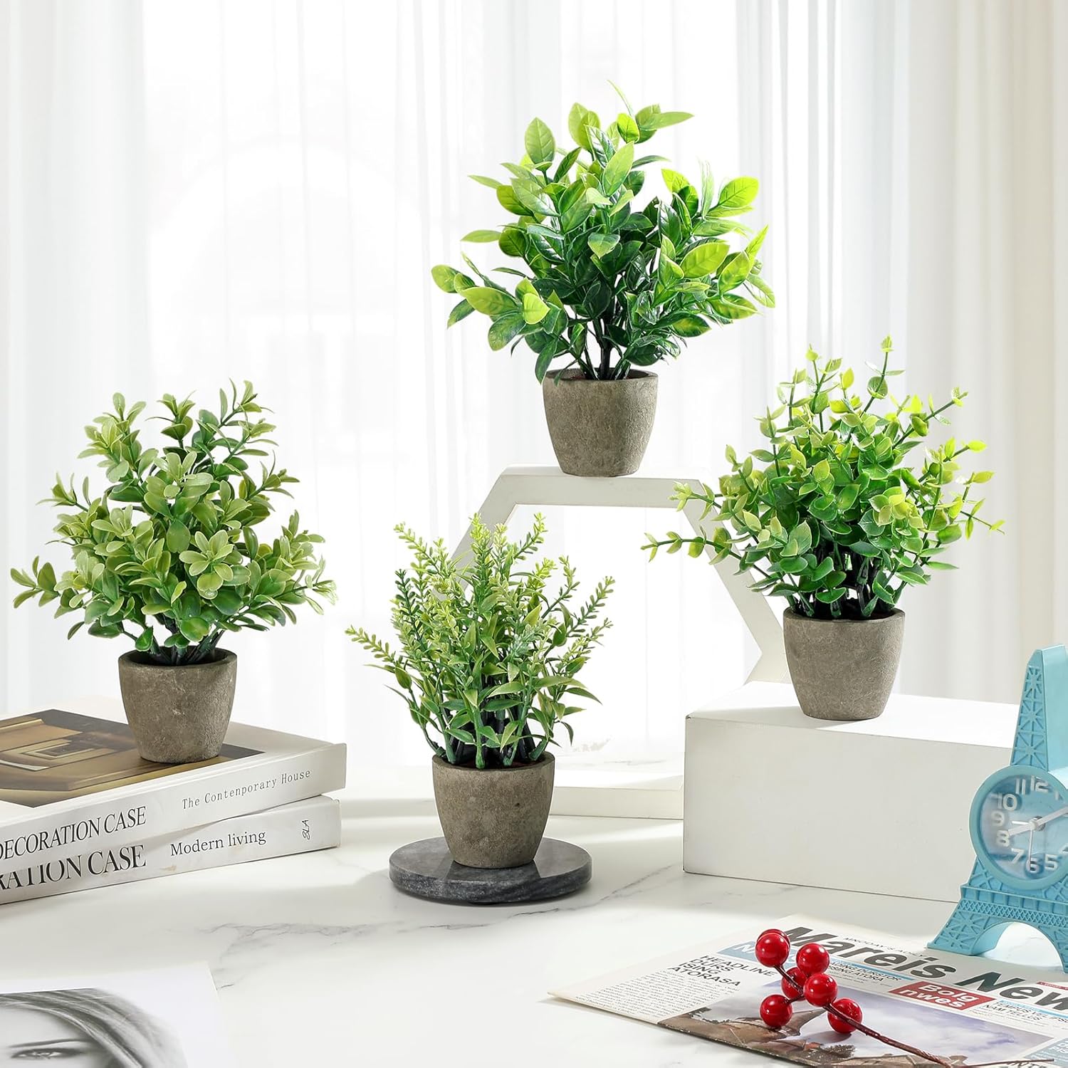 Fake Plants Ceramic Mini Artificial Greenery Potted Plants / Grey / Set of 4
