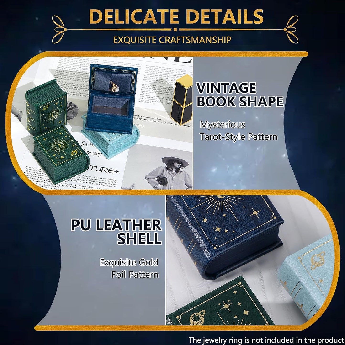 Vintage Magic Book-Shaped Ring Box Starry Sky Pattern PU Leather / Sky Blue