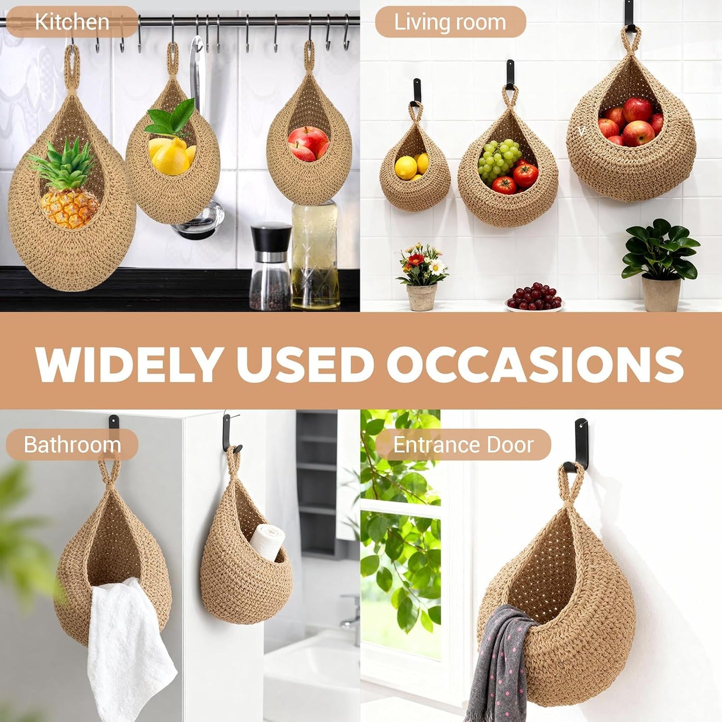 Boho Wall Hanging Fruit Baskets / Set of 3