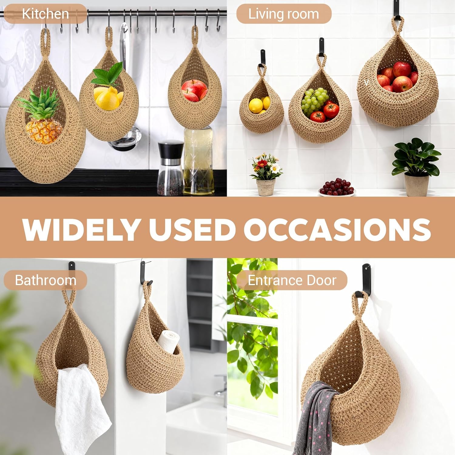 Boho Wall Hanging Fruit Baskets / Set of 3