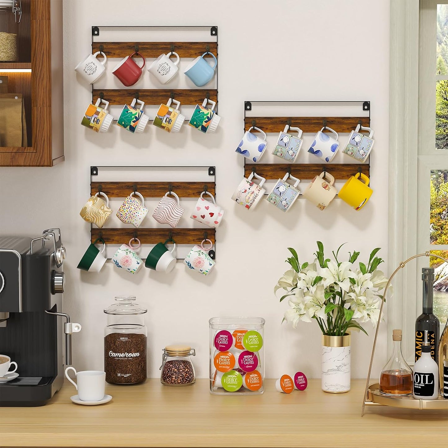Huxitocan Wall Mount Coffee Mug Holder - Rustic Wood and Iron, Holds Up to 24 Mugs (3Pack) for Kitchen, Home, Coffee Bar