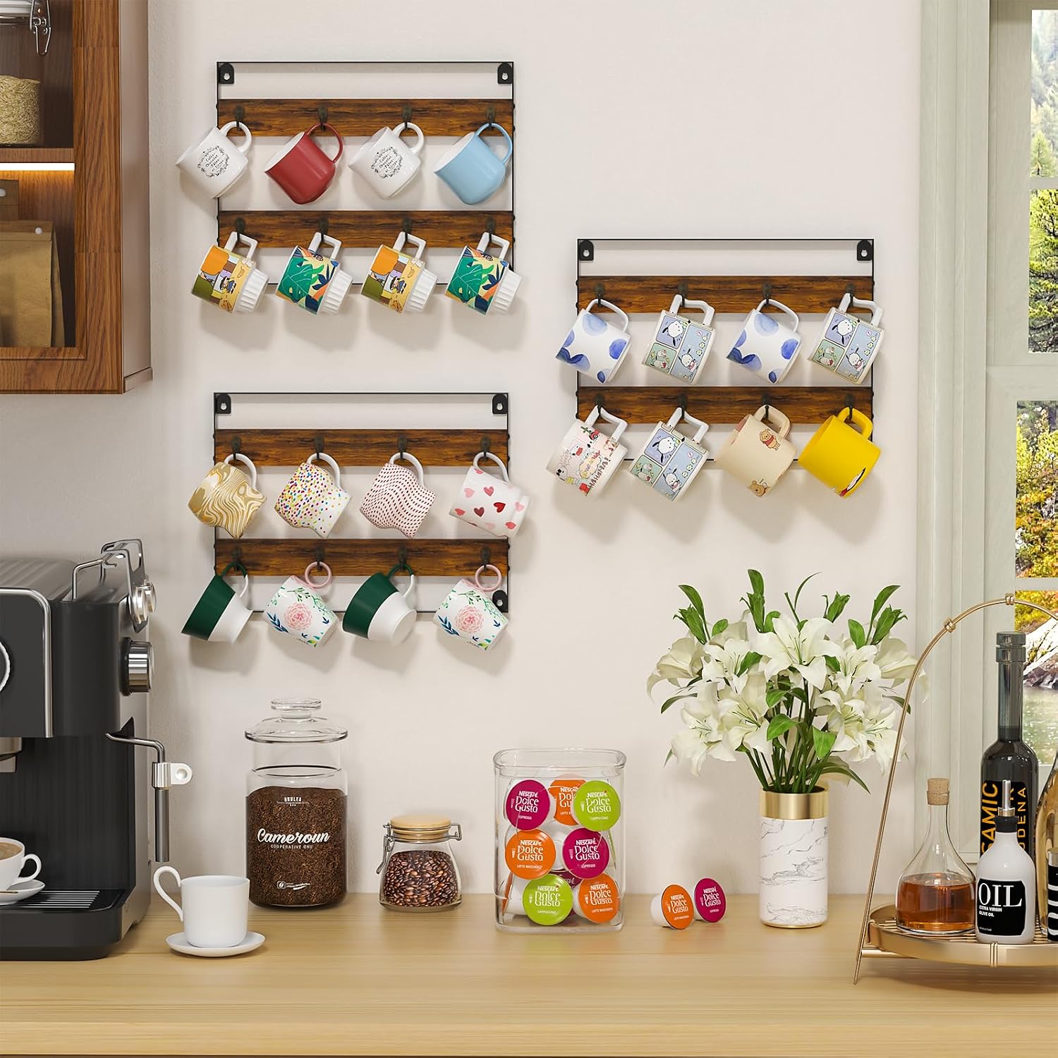 Huxitocan Wall Mount Coffee Mug Holder - Rustic Wood and Iron, Holds Up to 24 Mugs (3Pack) for Kitchen, Home, Coffee Bar
