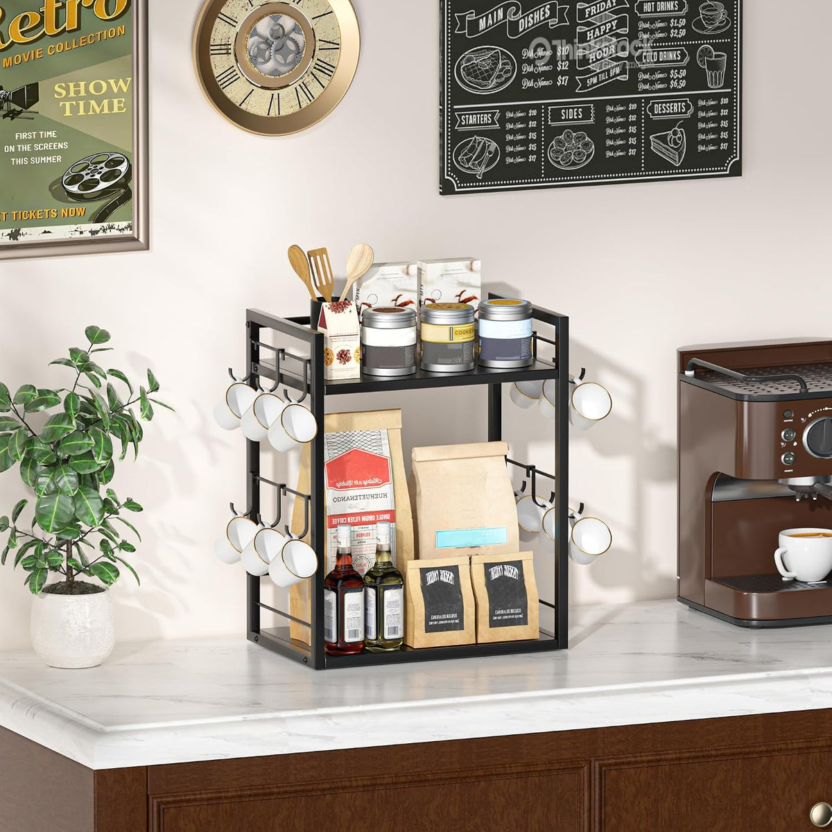 Dorhors Coffee Bar Organizer,Mug Holder,Station Organizer Kitchen Counter | 2 Tier Black Wood Coffee Bar Accessories