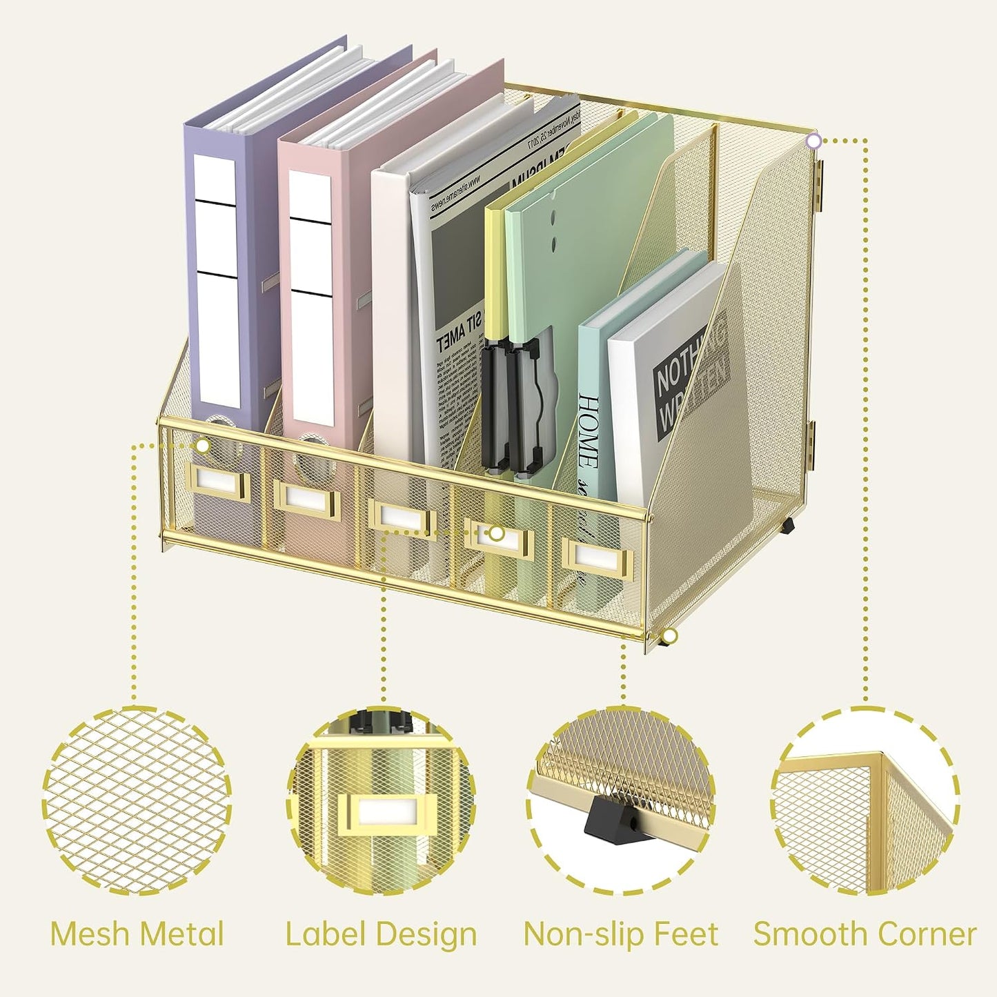 Desk Organizers Metal Desk Magazine File Holder with 5 Vertical Compartments Rack File Organizer for Office Desktop