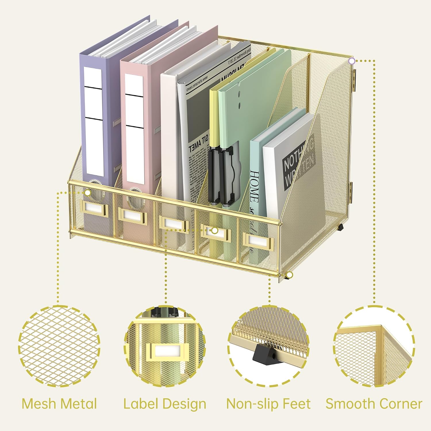 Desk Organizers Metal Desk Magazine File Holder with 5 Vertical Compartments Rack File Organizer for Office Desktop