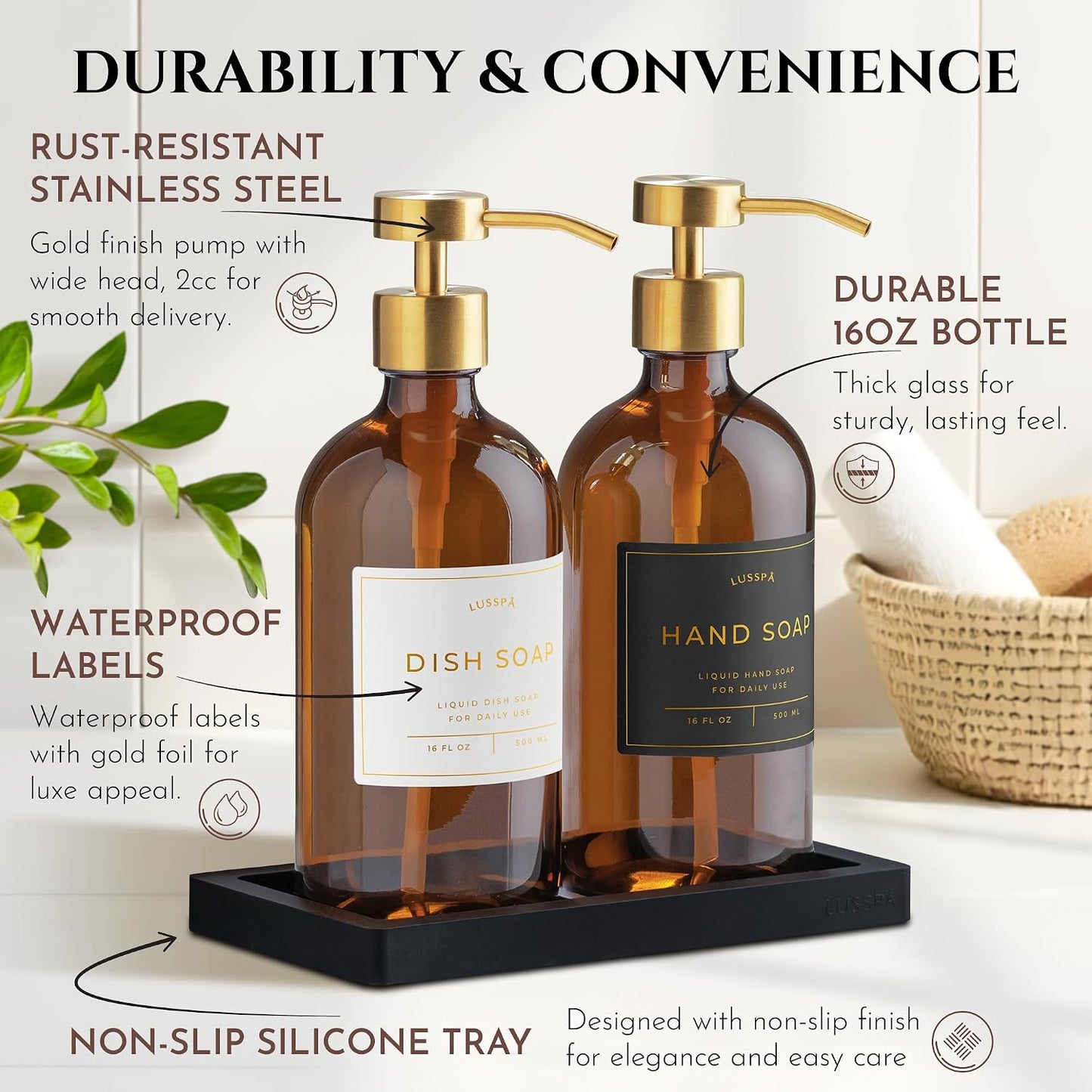 Glass Soap Dispenser Set of 2 (Amber) with Silicone Tray | Hand and Dish Soap Dispenser for Kitchen and Bathroom | 16.8