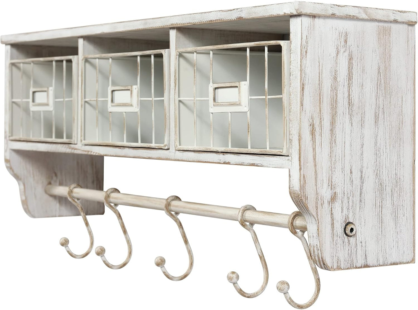 HBCY Creations Wall Mounted Shelf with Coat Hooks and Baskets, Solid Wood Entryway Organizer Wall Shelf with Hooks