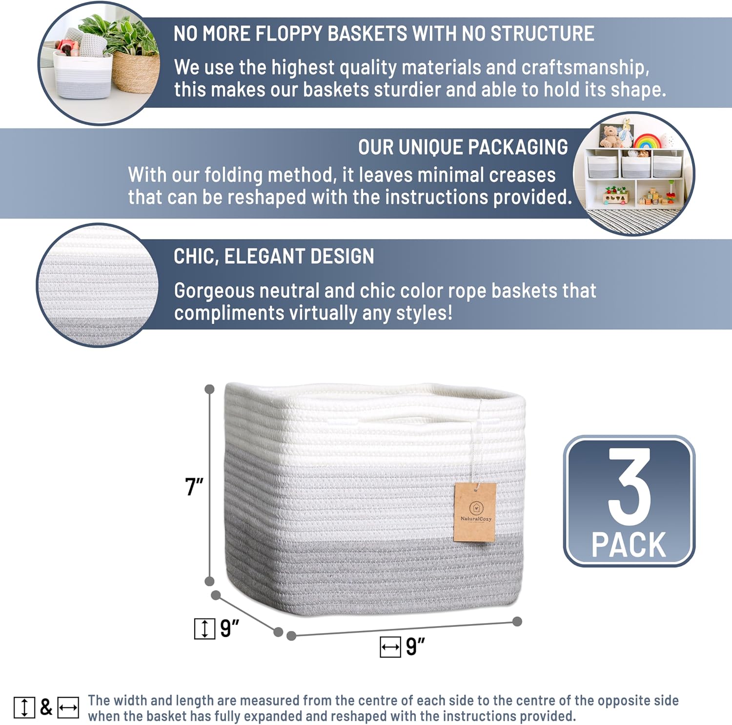 Storage Cubes "Cotton Rope Woven Baskets for Organizing / 3-tone Gray / 9 x 9 x 7 / Set of 3