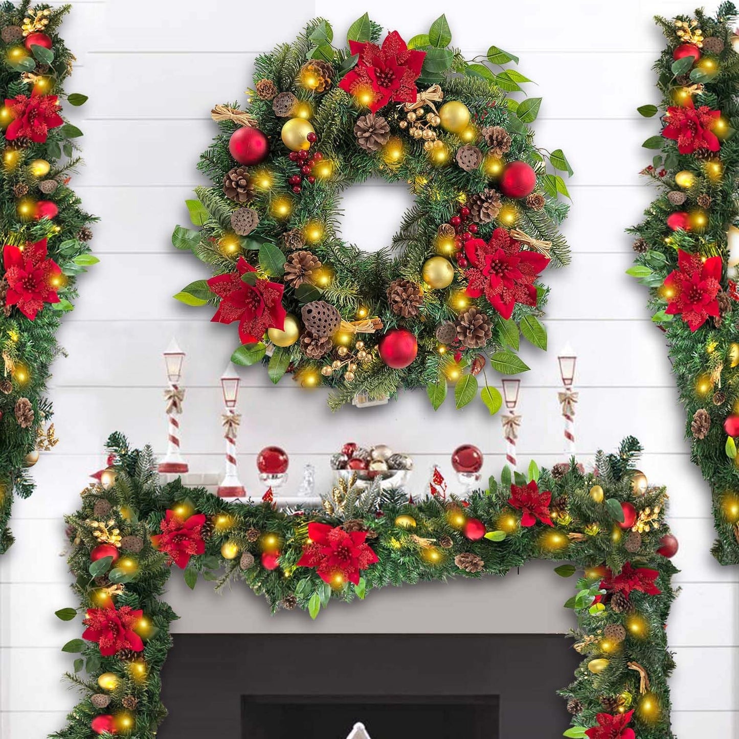 WANNA-CUL Pre-Lit 6ft Red Gold Christmas Garland with 30 LED Timer Lights | Luxury Lighted Garland for Mantel with