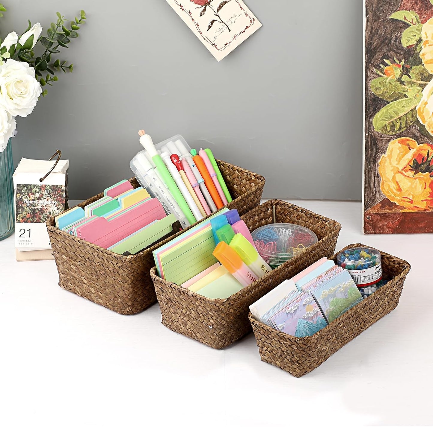 3 Wicker Basket Set Rectangular Handwoven Seagrass Basket Storage Bins / Coffee / Natural / Set of 3