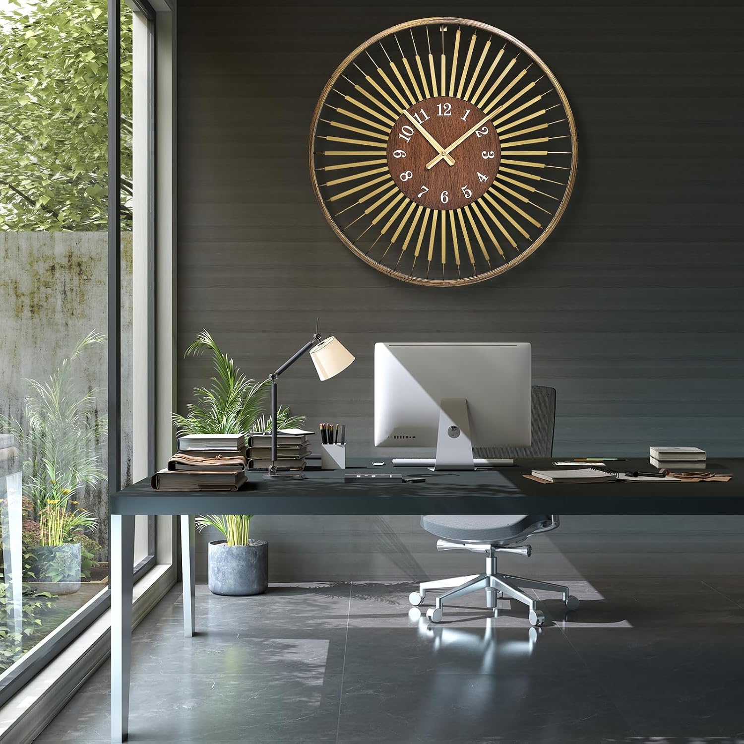24 Inch Mid-Century Modern Wall Clock | round frame with walnut center, silent quartz clock, gold accents, decor wall