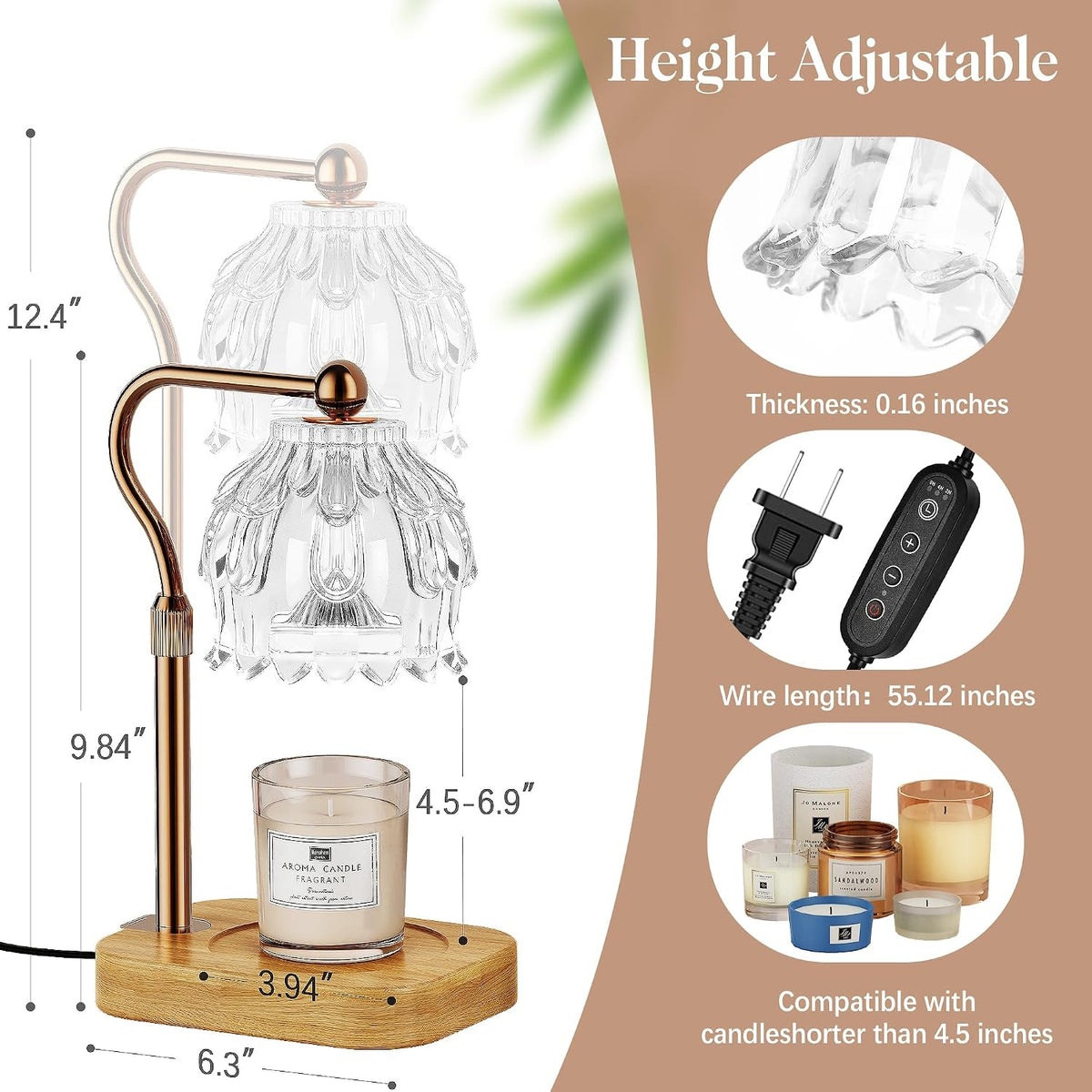 Candle Warmer Lamp with Timer Dimmer, Wax Melts Warmer Lamp for Gift, Clear | 2 GU10 Bulbs Included, Wood Base