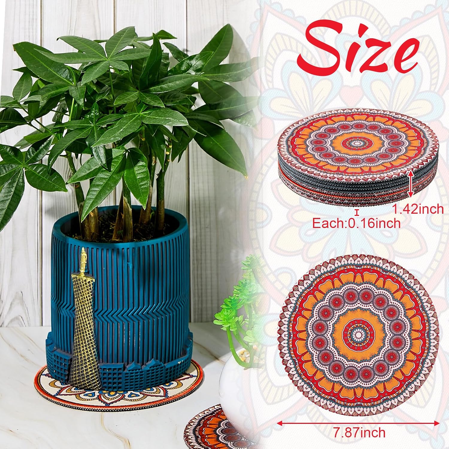 7.87" Boho Plant Coasters Large Rubber Absorbent Non Slip Pot Mats / Fashion / 8 Inch / Set of 6