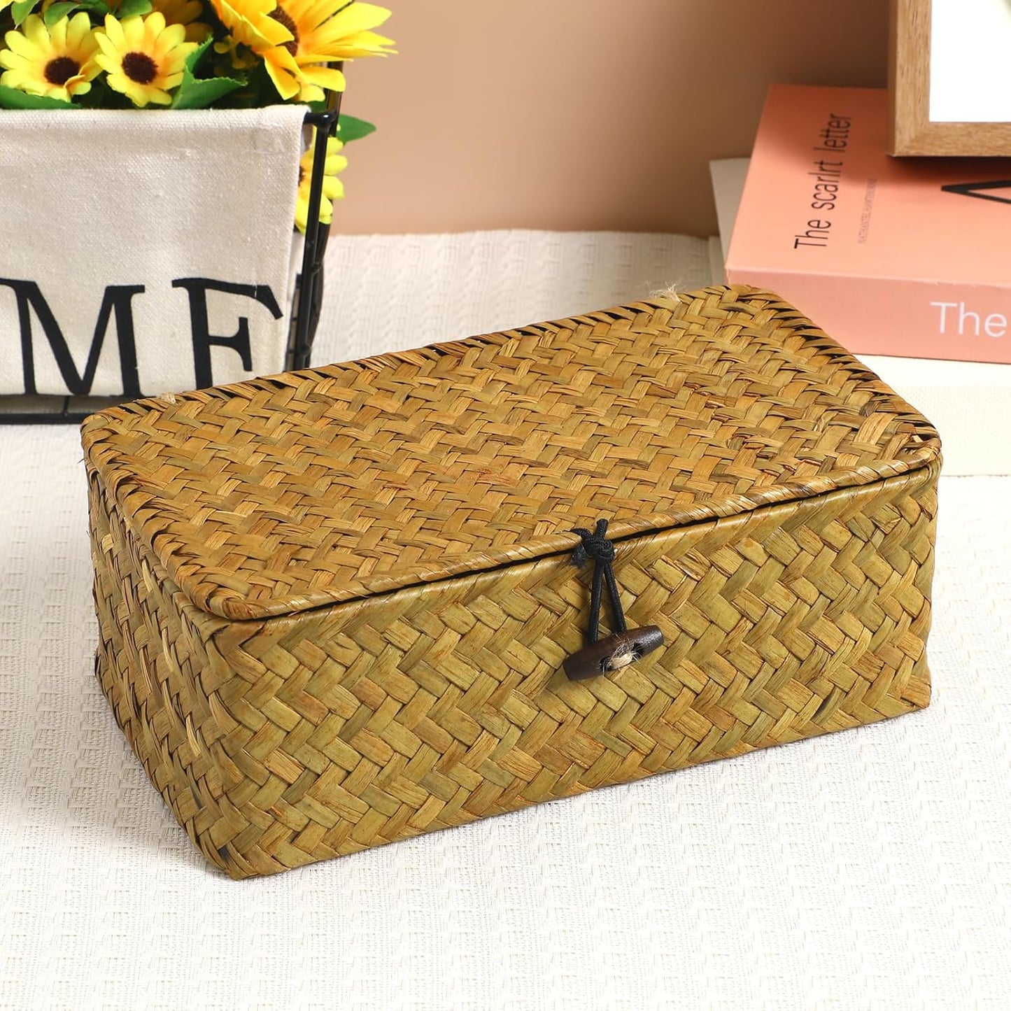Seagrass Storage Woven Basket Straw Desktop Rattan Hand- Woven Storage Basket / 23 x 13 x 8 / S: CM