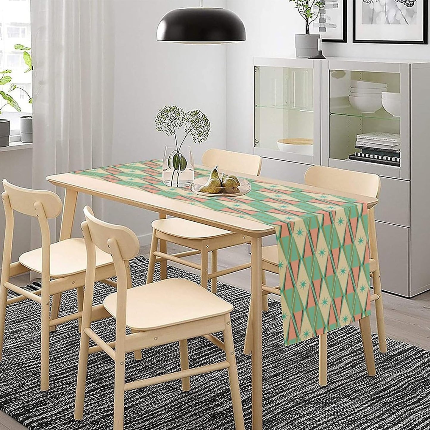 Mid Century Kitchen Table Runner,Abstract Aesthetic Geometric Mid Century Retro Modern Patterns Printed Linen Table