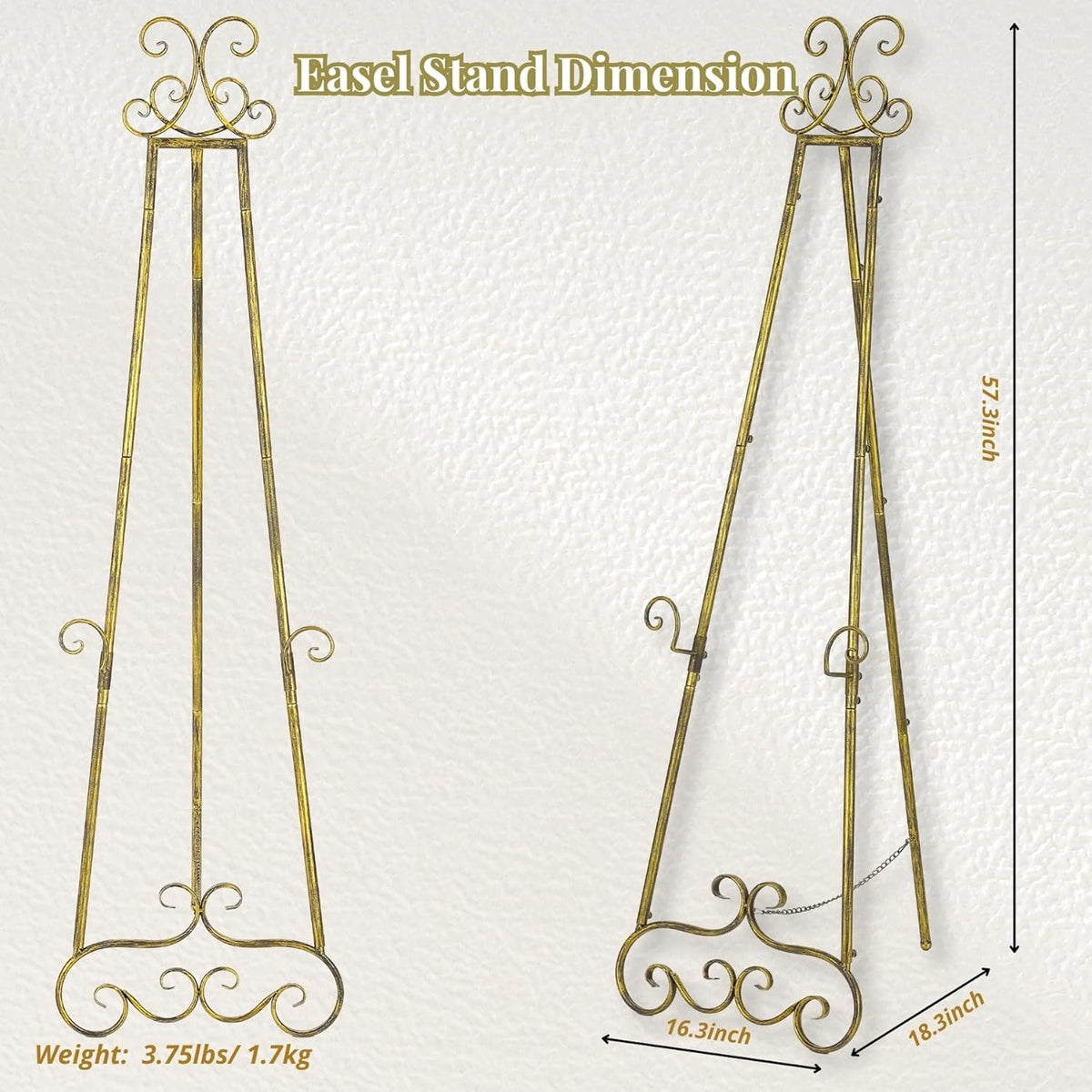 57”H Metal Easel Stand for Sign Vintage Gold Large Adjustable | Free Standing Display Scroll Easel Stand, Heavy Duty