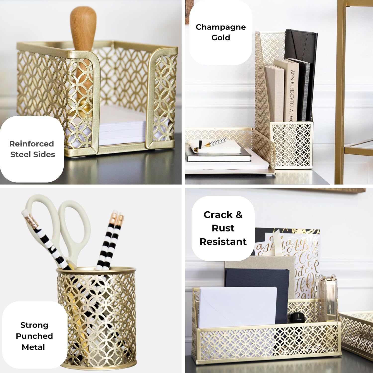 BLU MONACO | Gold Desk Organizer Set with Mail Sorter, Sticky Note Holder, Pen Cup, Magazine Holder, Letter Tray &