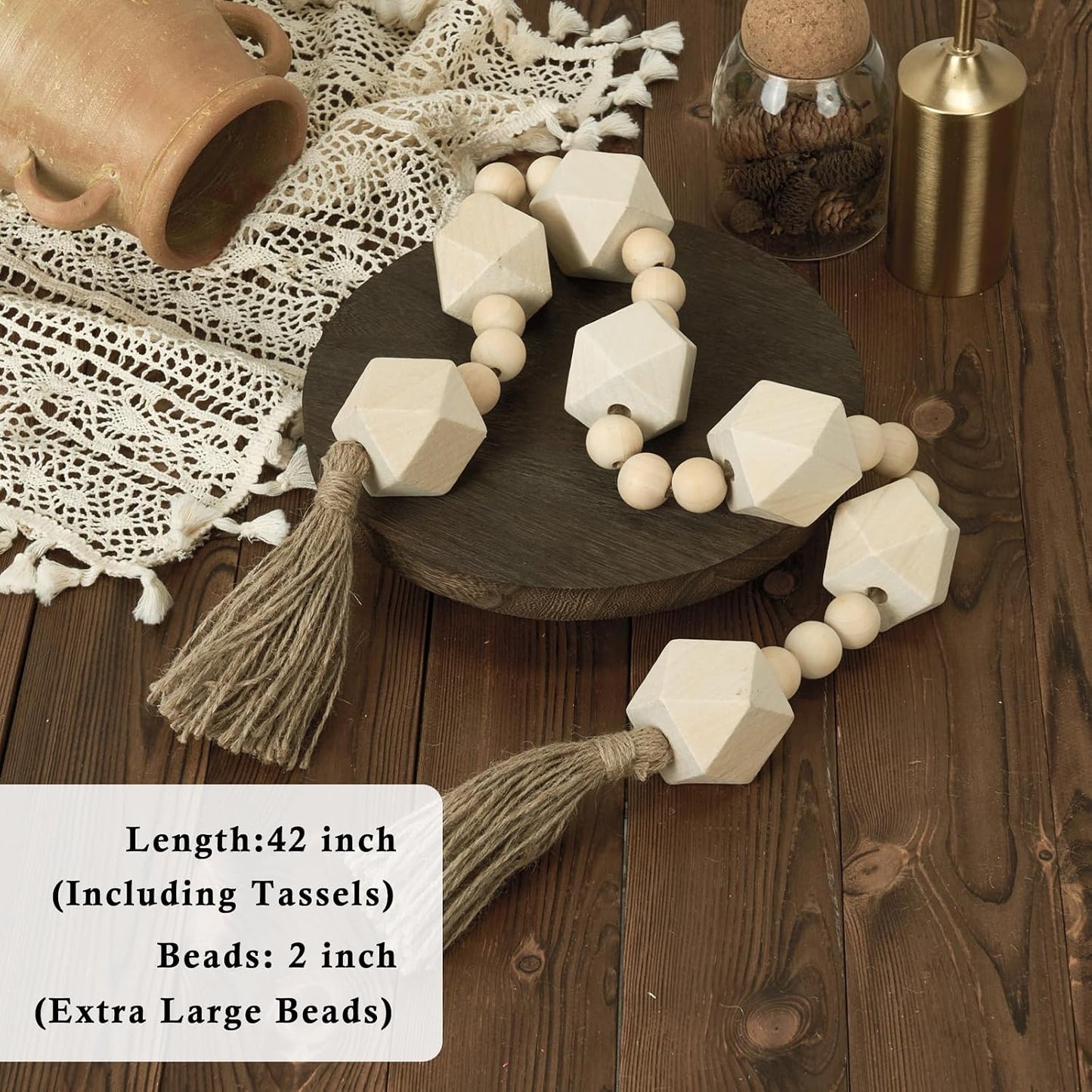 Extra Large Wood Bead Garland / 6 Nature Beige Octagon / 42 Inches