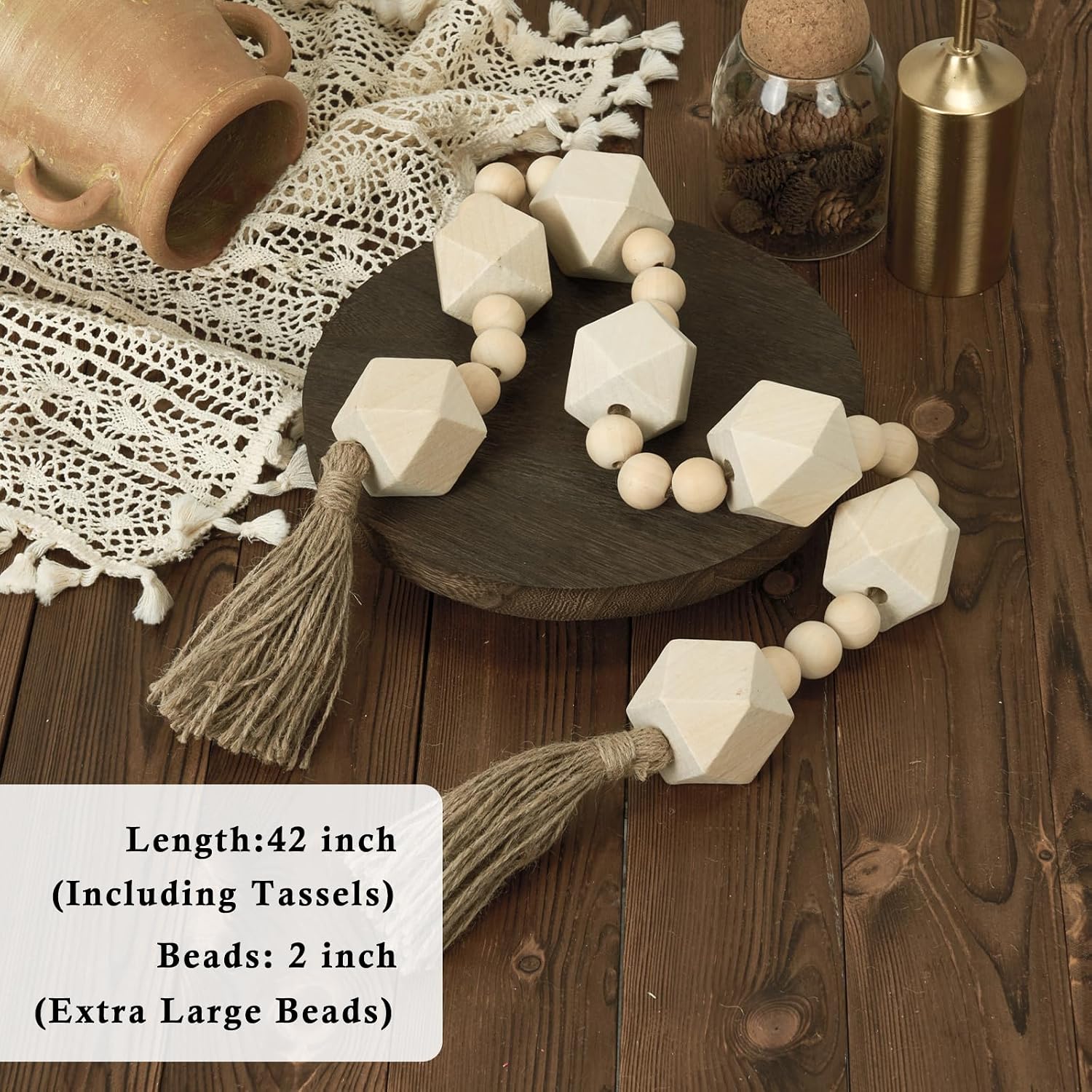 Extra Large Wood Bead Garland / 6 Nature Beige Octagon / 42 Inches