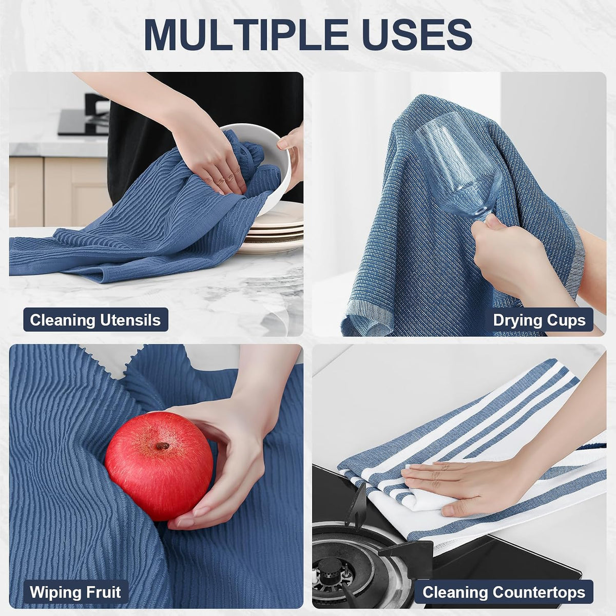 Homaxy Cotton 380 GSM Premium Kitchen Towels, 18"x 28", 12 Pack, Navy Blue | Soft and Absorbent Terry Dish Towels