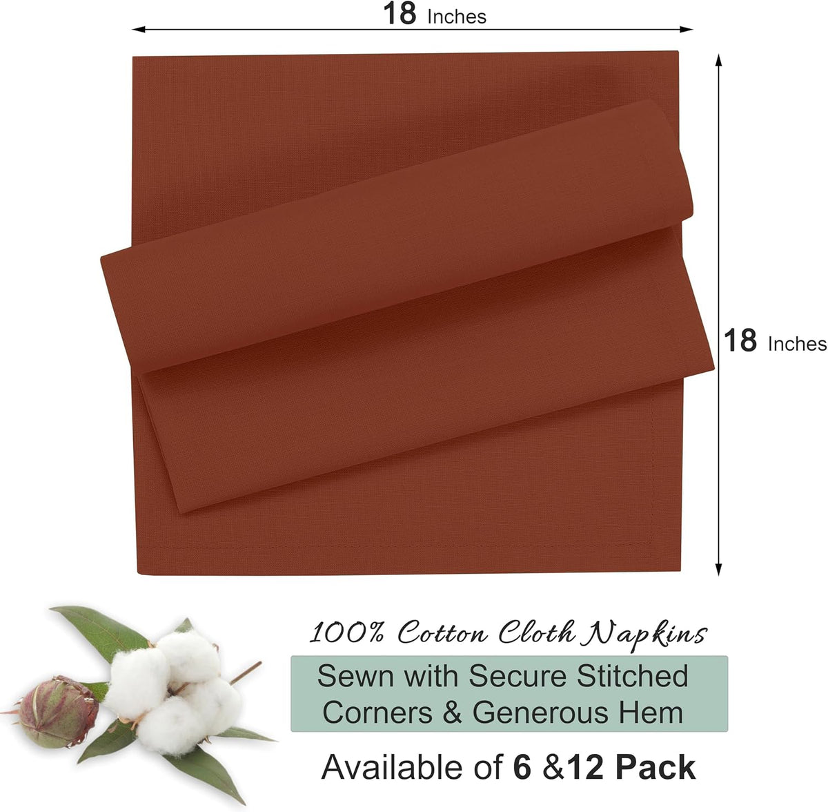 Ruvanti Cloth Napkins Set of 12, 100% Cotton 18”x18” - Rust | Washable, Soft, Durable & Absorbent Everyday Napkins. For