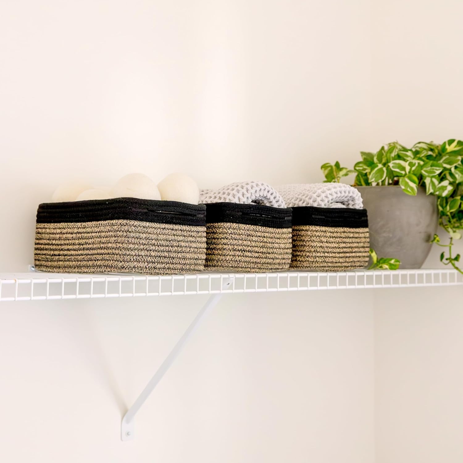 Cotton Rope Woven Small Baskets for Organizing / Black & Mixed Black / 11.8 x 8 x 4.5 / Set of 3