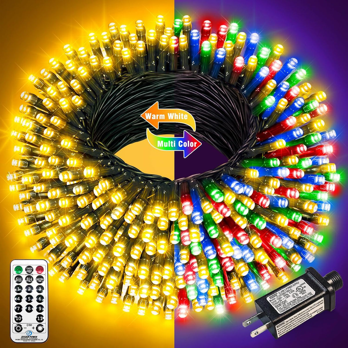 100FT 300 LED Color Changing Christmas Lights, Warm White & Multicolor