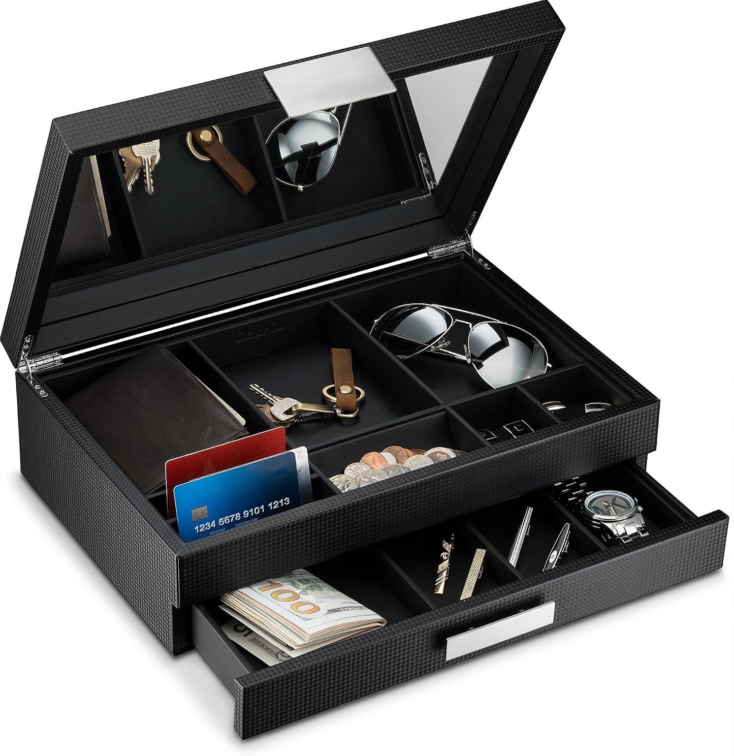 Glenor Co Mens Valet/Dresser Organizer - Luxury 12 Slot Jewelry Accessories Box, Carbon Fiber Design, Drawer Tray