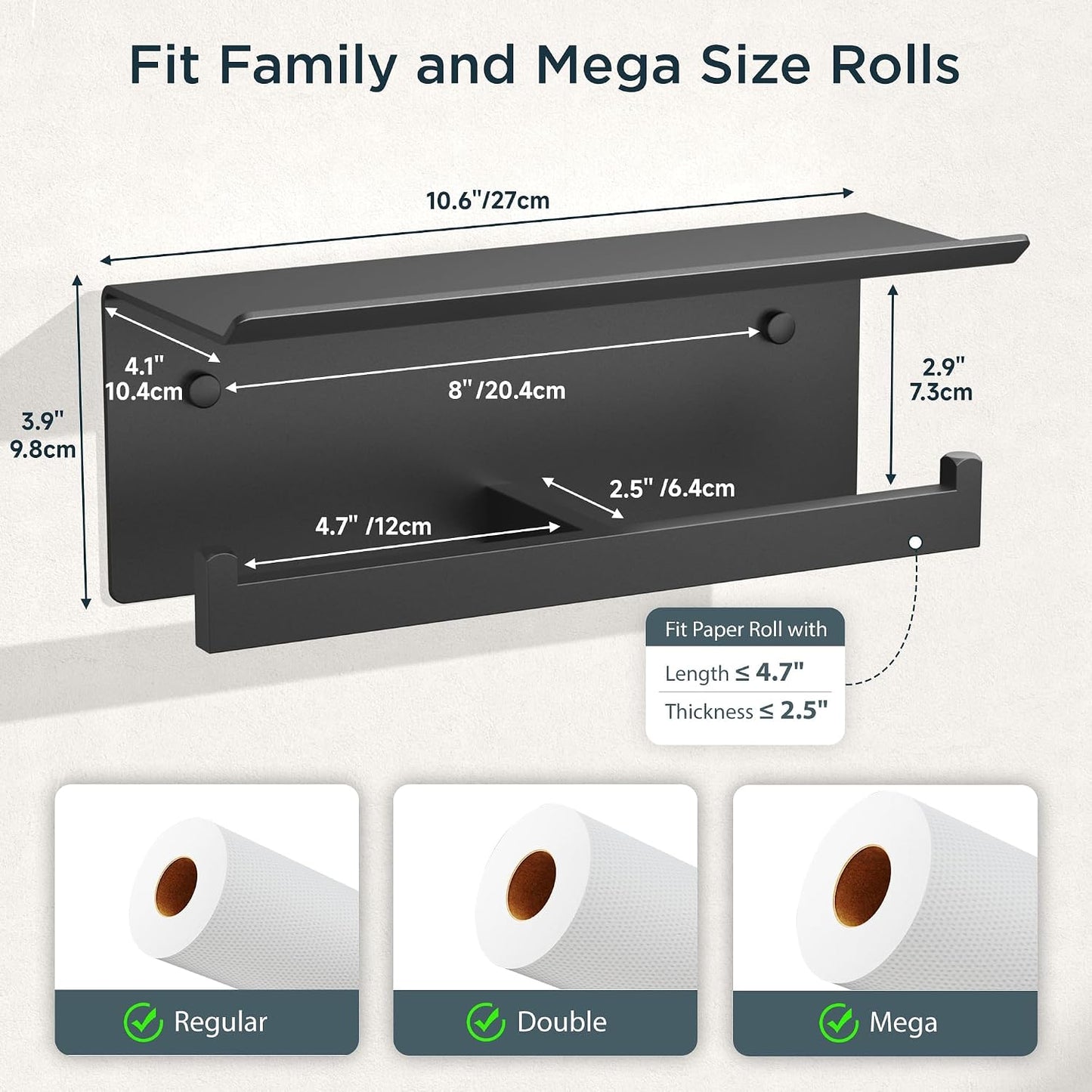 FORIOUS Toilet Paper Holder with Shelf, Commercial Toilet Paper Dispenser | Matte Black | SUS304 Stainless Steel Wall