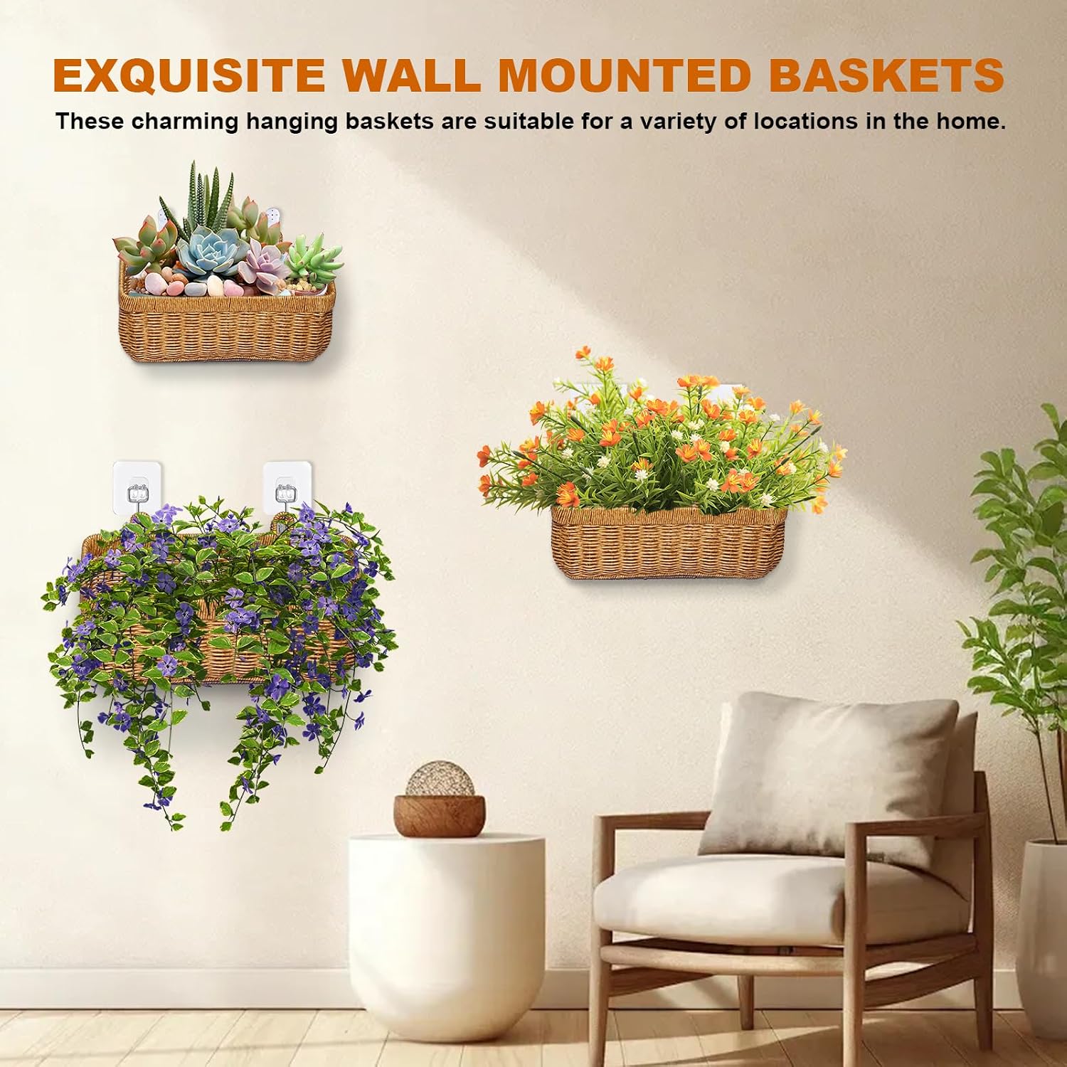 Wall Wicker Baskets Decor / Yellow / S+M+L