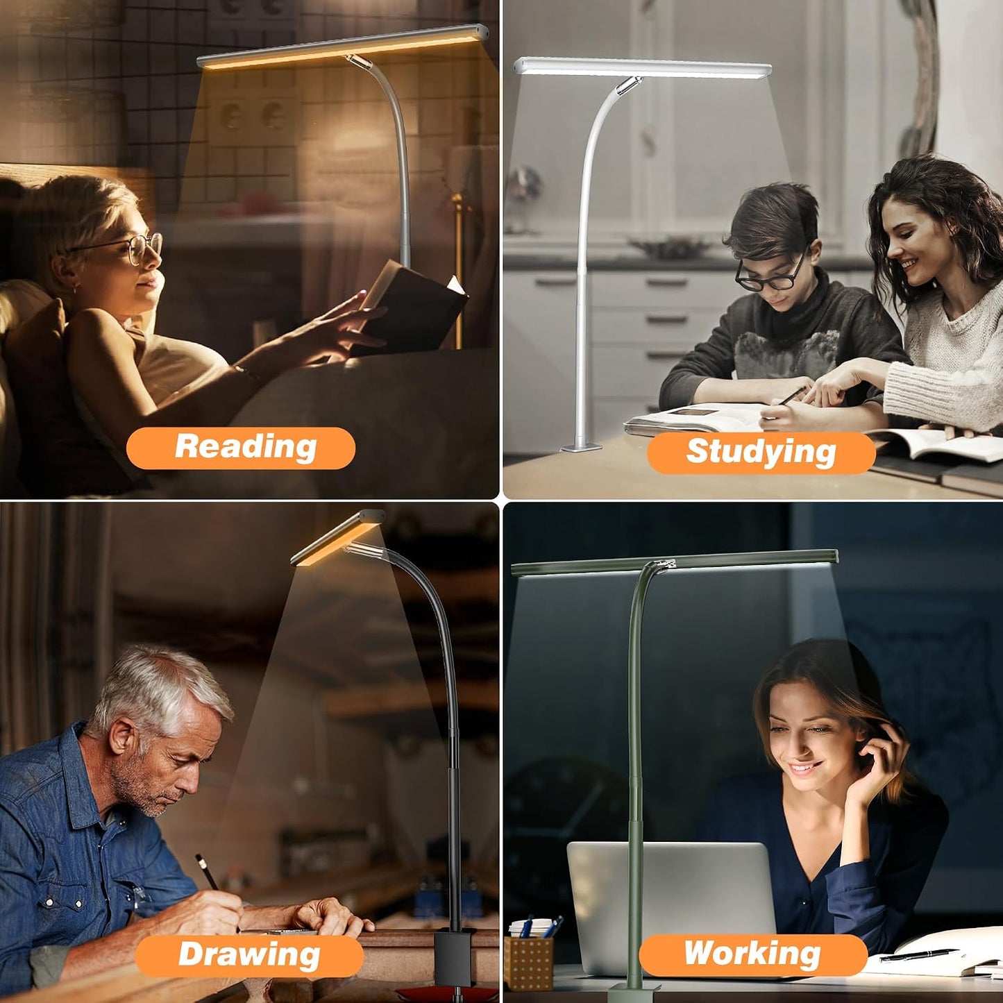 Airlonv LED Desk Lamp with Clamp, 17" Stepless Dimming Light, White | 2700K-6500K, 100 LEDs, 360° Gooseneck, Fits Up to
