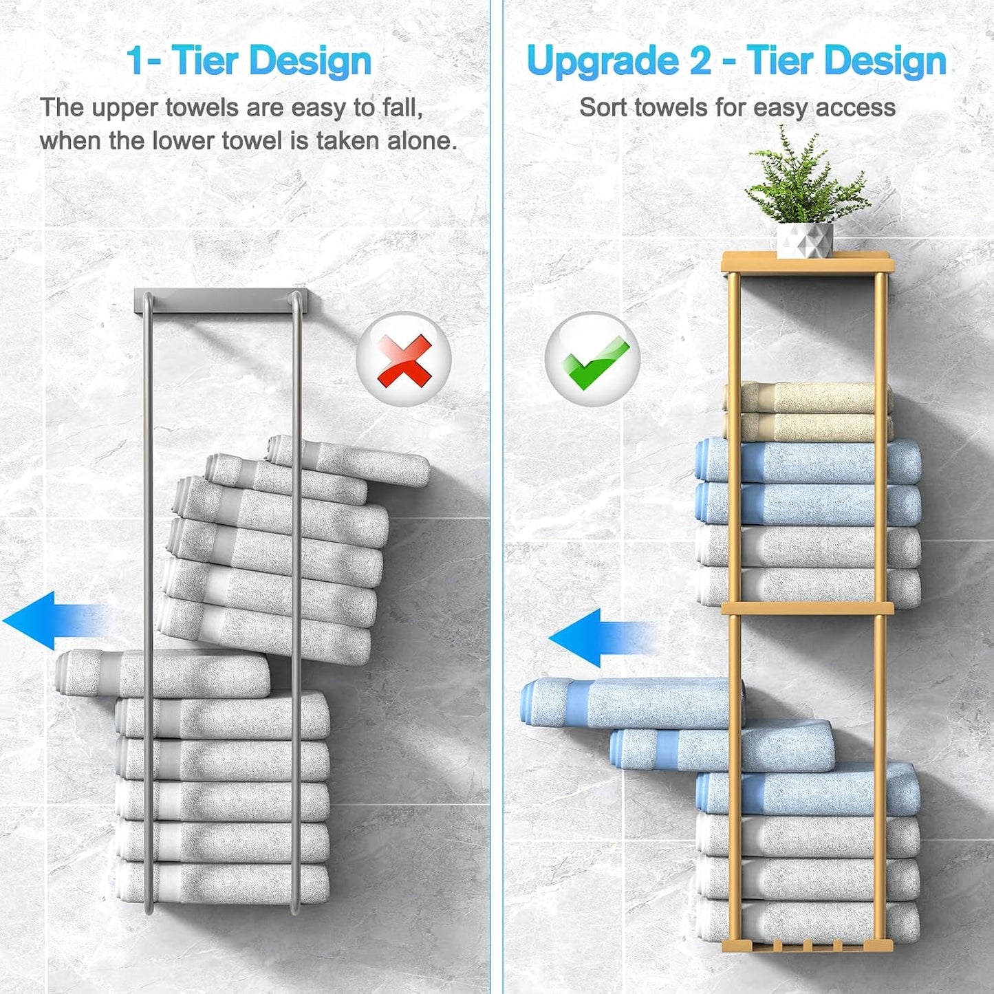 Liuoud Towel Rack for Bathroom, Wall Mounted Vertical Rolled Towel Storage Organizer Holder with Shelf, Holds Up 6