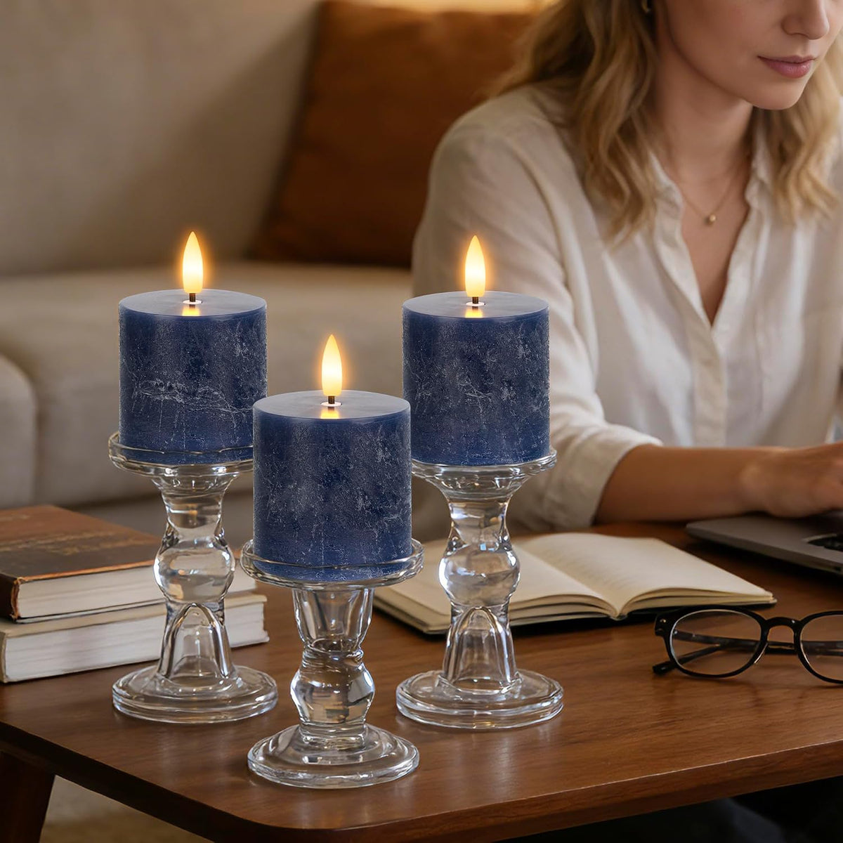 Navy Blue Flameless Candles with Remote and Timer, Fake Candles Set of 3 | 3 x 3 Inch Battery Operated Pillar Candles