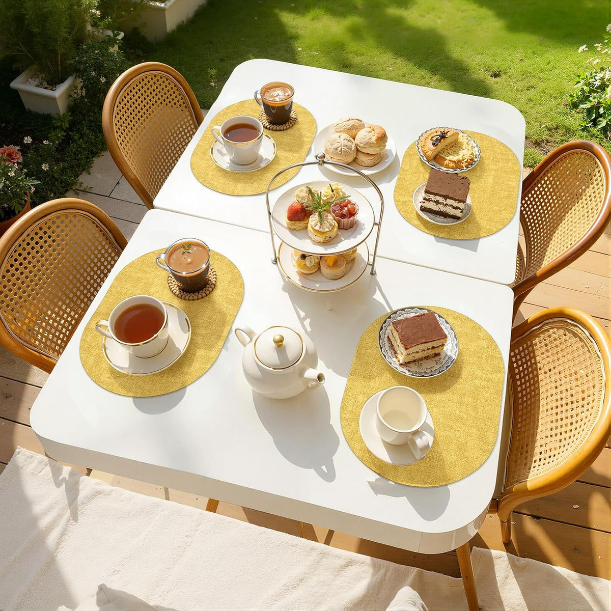 Placemats Set of 6, 11.8 x 17 Inch, Yellow | Heat Resistant Oval Faux Leather Place Mats, Waterproof Wipeable