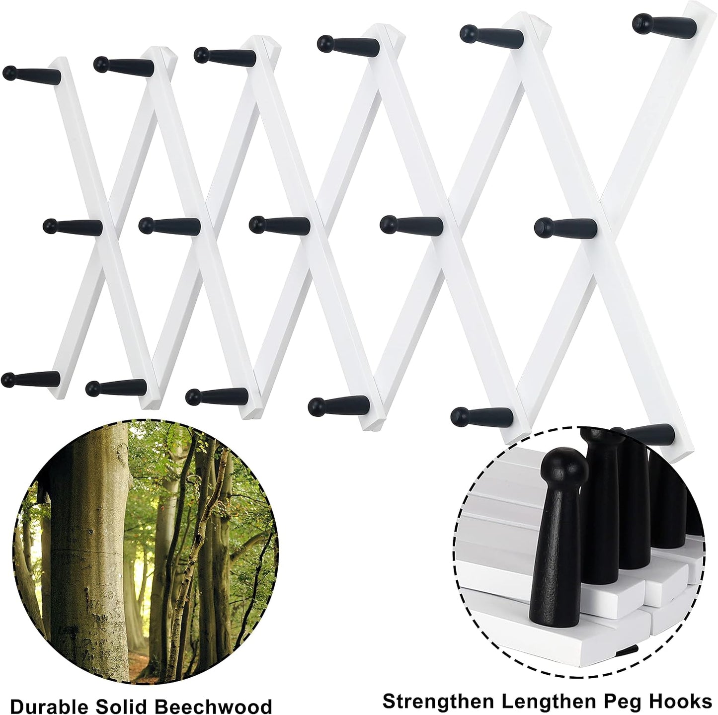 Accordian Wall Hanger: 16” High Wooden Wall Expandable Coat Rack, Hat Rack Holder, Accordion Hook for Baseball Caps