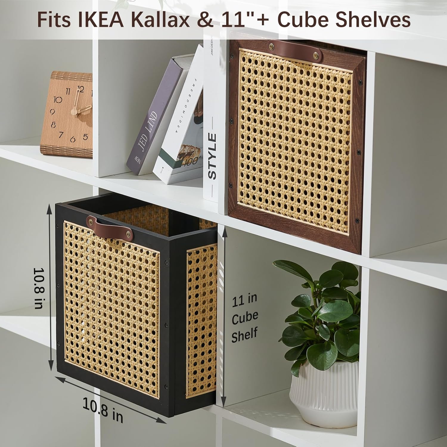 Rattan Storage Cubes Wooden Storage Baskets Boxes Decorative Natural Handmade / Black / Set of 2
