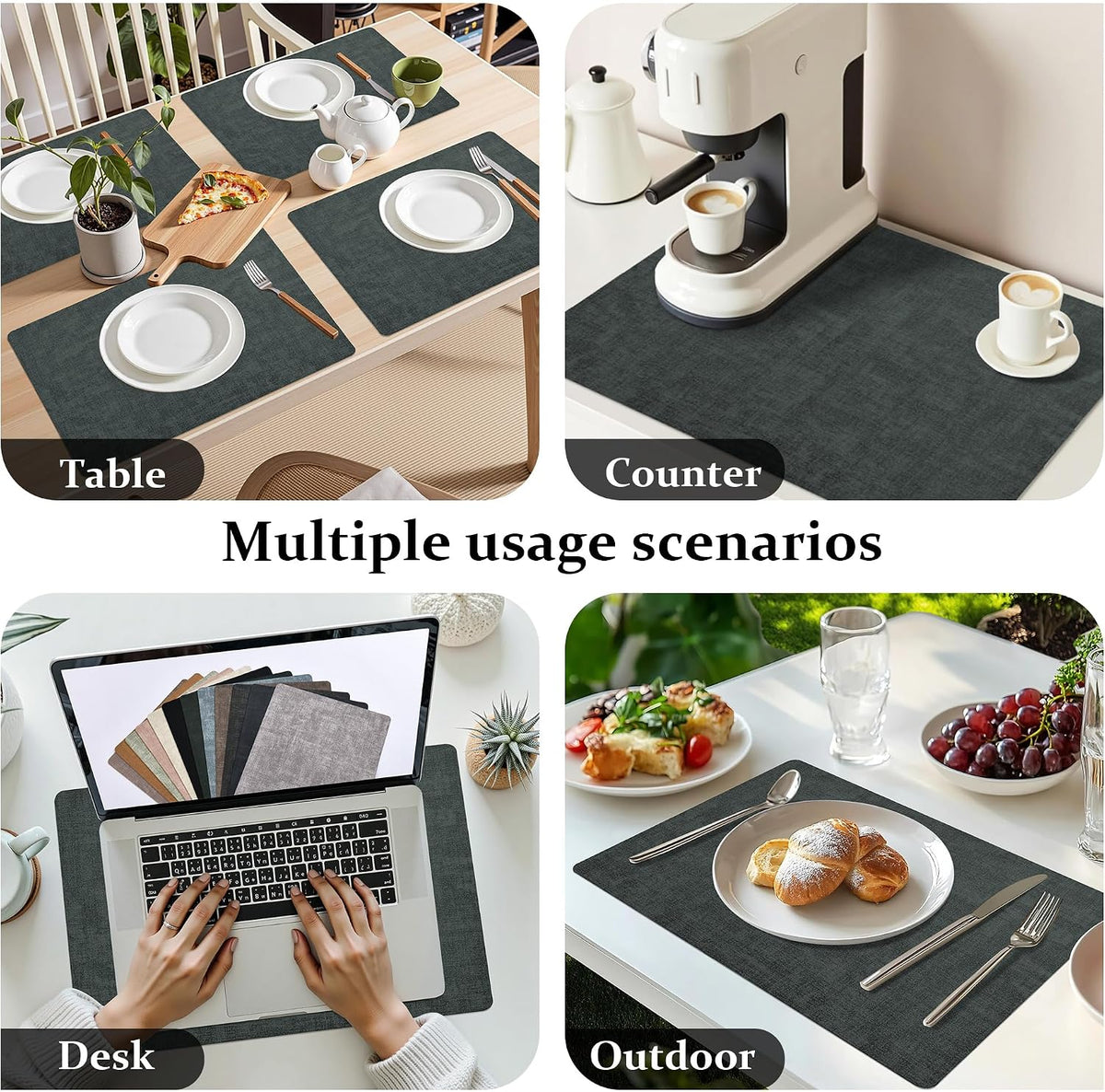 FROMHEART Faux Leather PU Placemats Set of 8 (Dark Green,11.8" x 17") | Waterproof,Heat/Oil Stain-Resistant Table