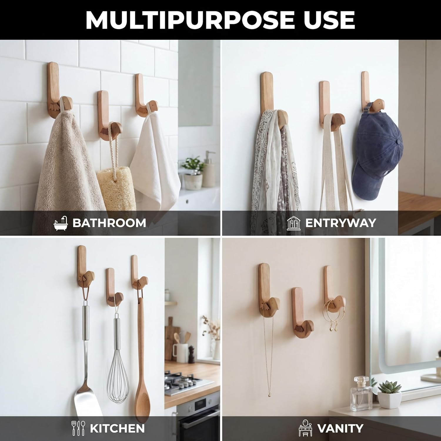 Bird Wood Wall Hooks -Decorative Adhesive Hooks for Hanging Keys
