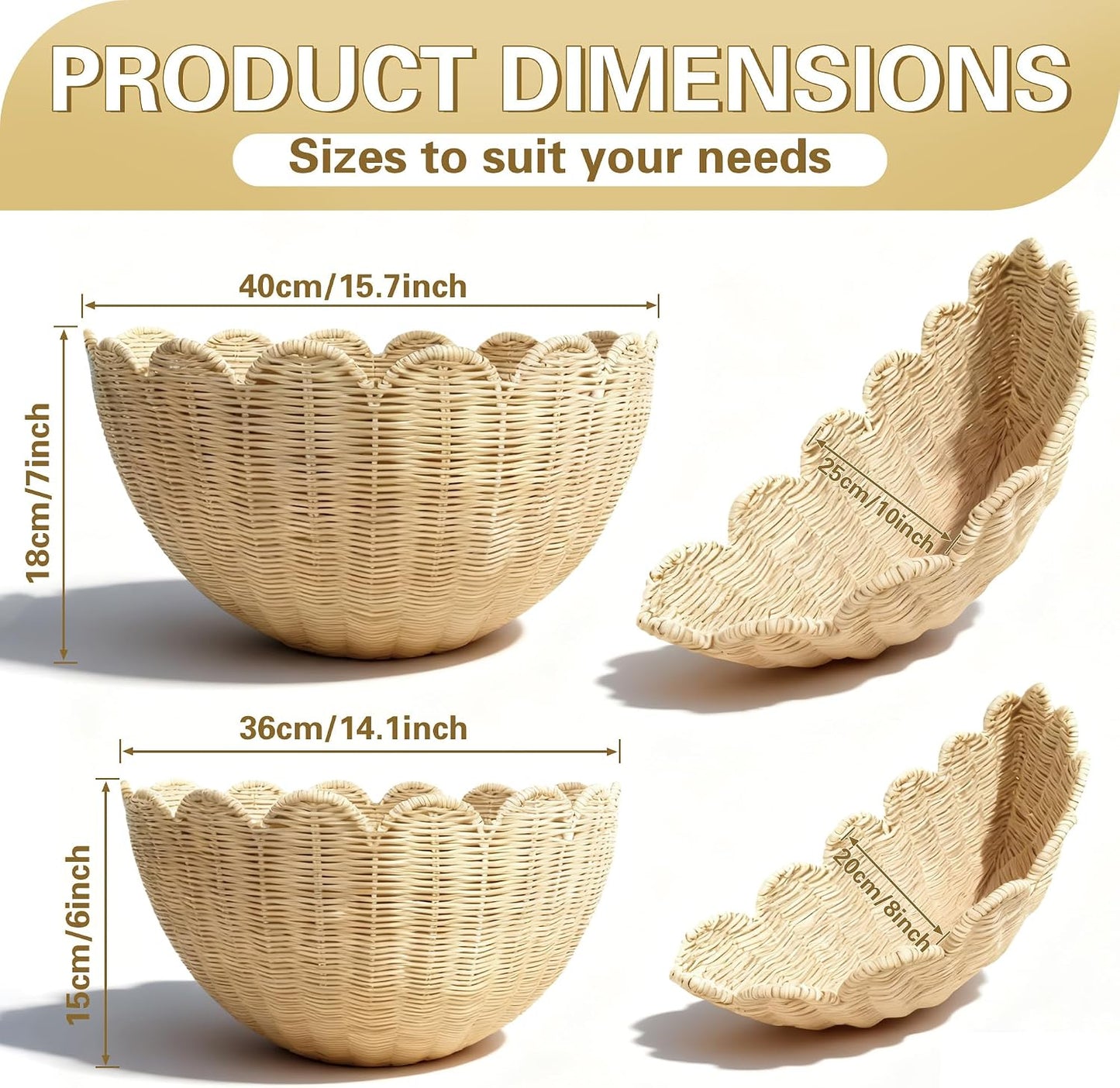 Scalloped Woven Rattan Wall Hanging Baskets / Natrual M6 / Set of 2