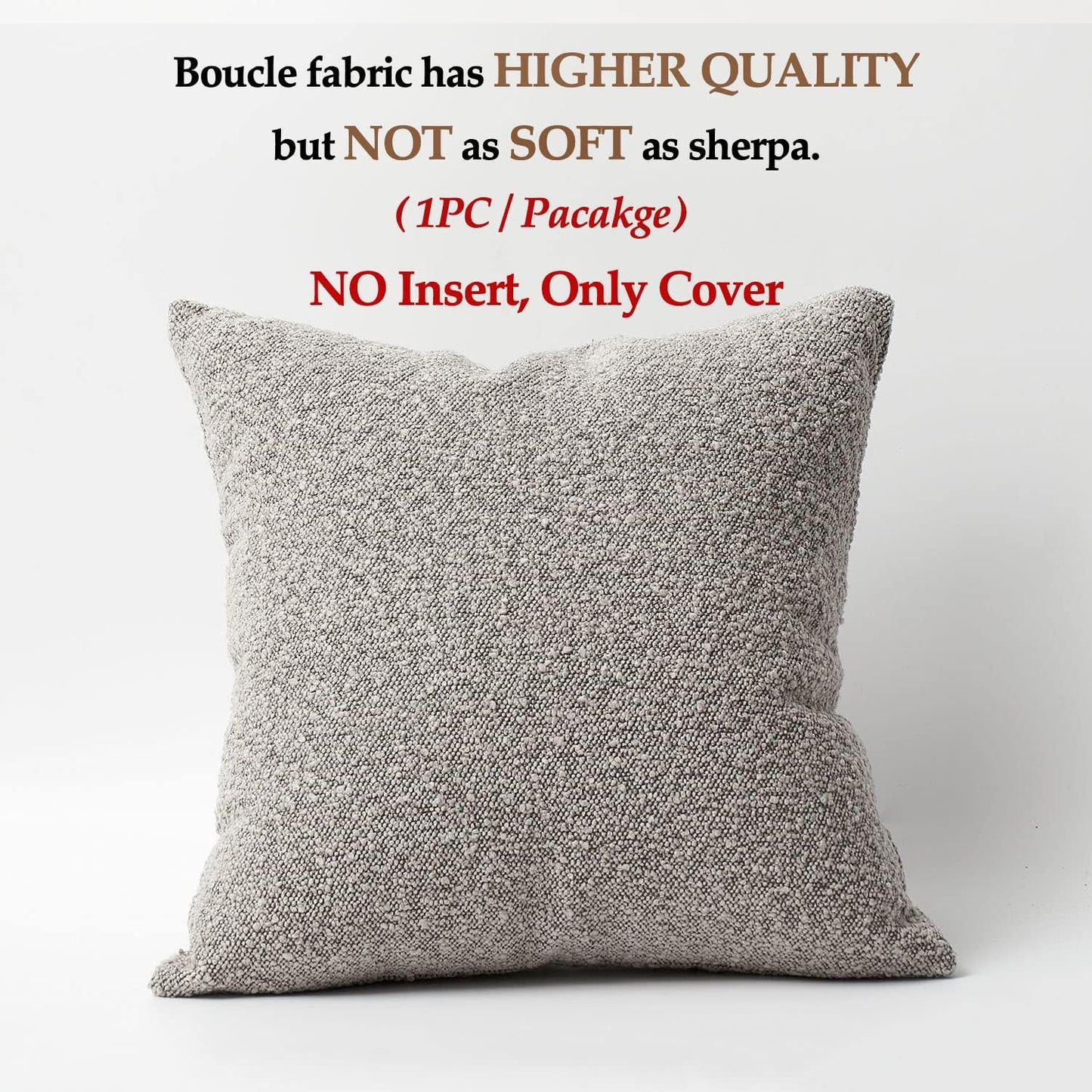 Decorative Throw Pillow Cover Textured Boucle Square Sofa Couch Pillow / Sand Grey / 18 x 18