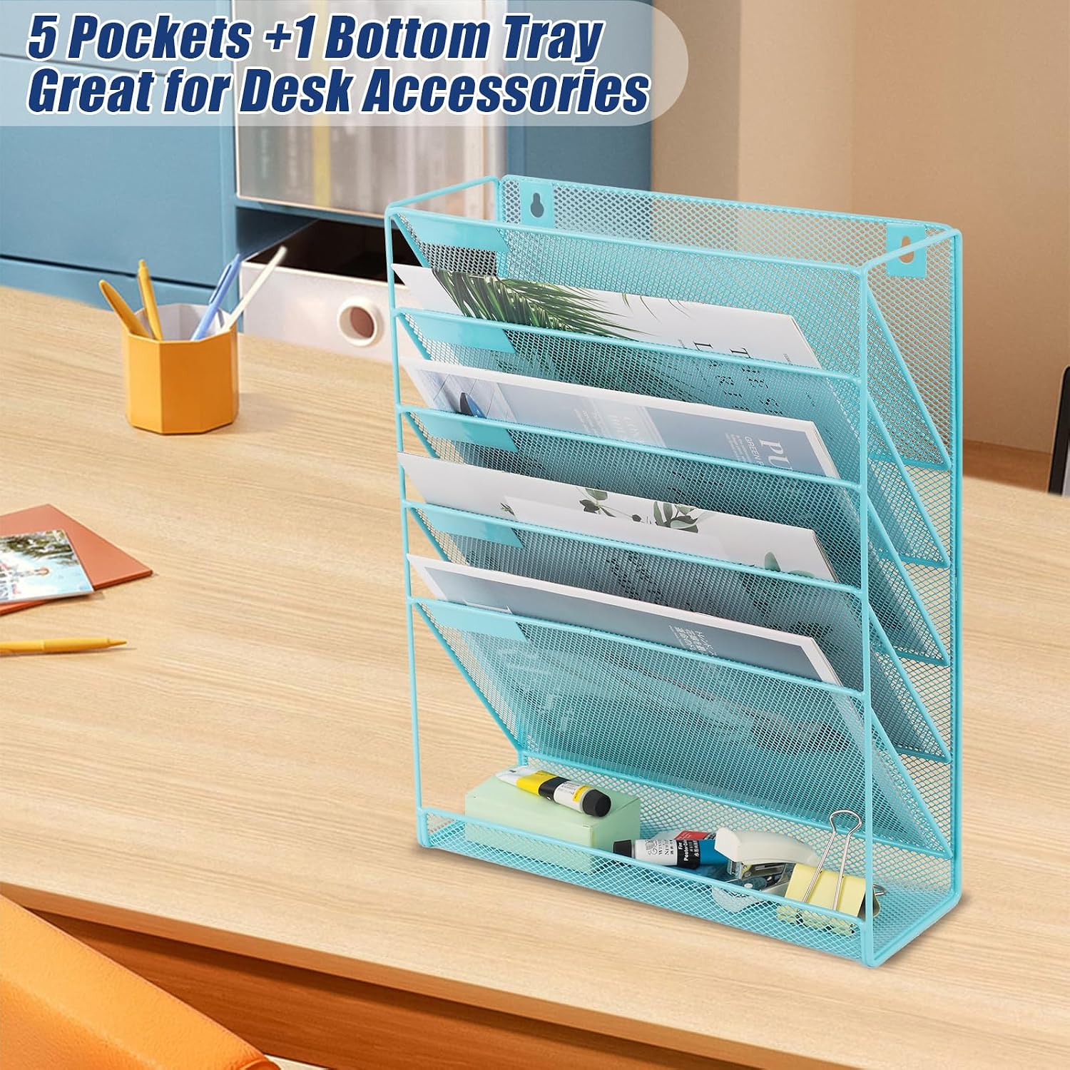 Desk File Organizer Mesh 6-Tier, Hanging Wall Mount Document Organization Stand, Desktop Vertical Mail Paper Folder