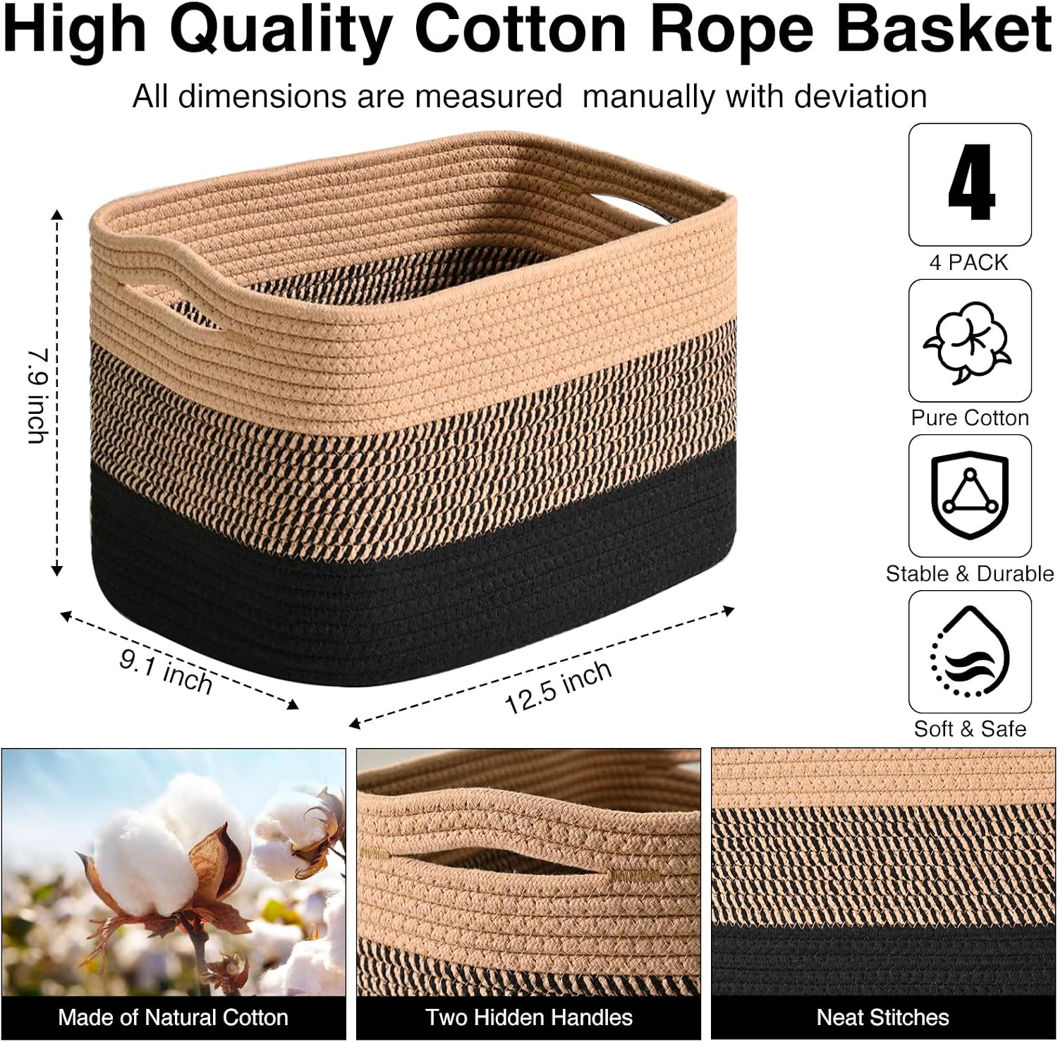 Woven Cotton Rope Baskets for Storage / Gradient Black & Jute