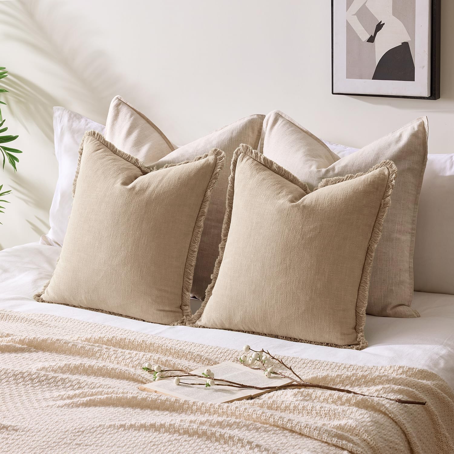 Decorative Linen Fringe Throw Pillow Covers Boho Accent Farmhouse / 20 x 20 / Camel / Set of 2