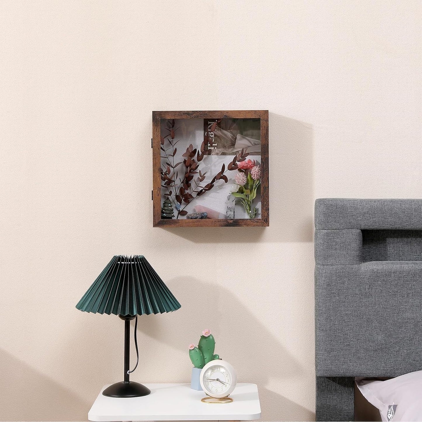 Muzilife 11x11 Shadow Box Picture Frame, 2.16 Deep, Real Glass, Honey Brown | FSC-Wood, Magnetic Door, Linen Interior &
