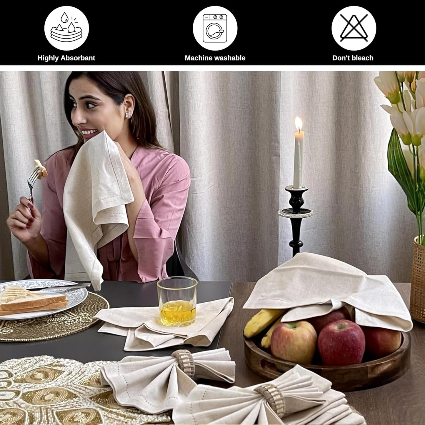 Bedding Craft Linen Cloth Dinner Napkins, 18x18, Set of 24 | Flax cotton blend, hemstitched corners, machine washable