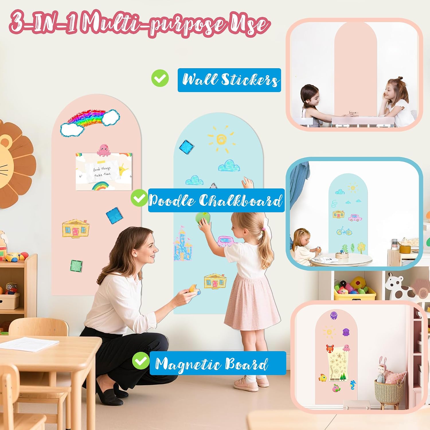 Magnetic Wall Decals for Playroom Magnetic Chalkboard / Pink & Blue / Set of 2