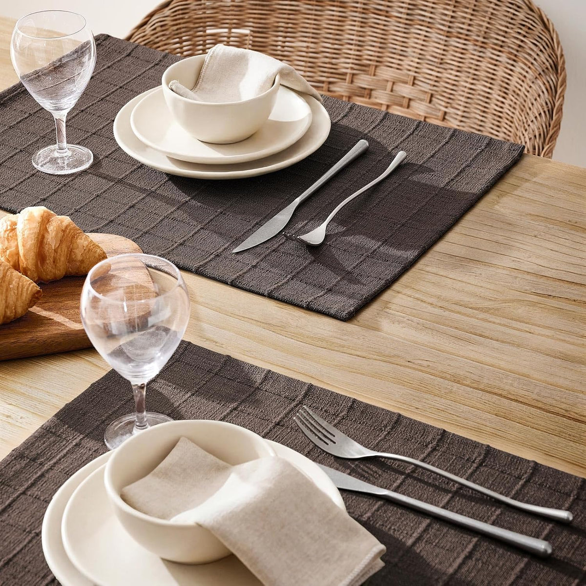 Artisanal Grid Decorative Linen Placemats Set of 6, Chocolate | Thick Heavy Textured Washed Linen Place Mats 13×19in